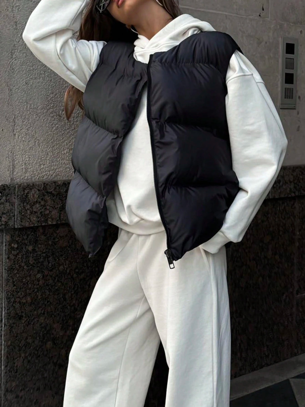 INAWLY Plus Size Women's Black Cotton Padded Vest, Warm Puffer Vest Jacket For Autumn/Winter Fall