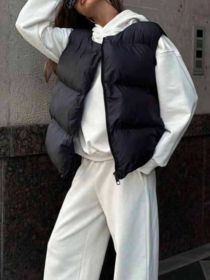 INAWLY Plus Size Women's Black Cotton Padded Vest, Warm Puffer Vest Jacket For Autumn/Winter Fall