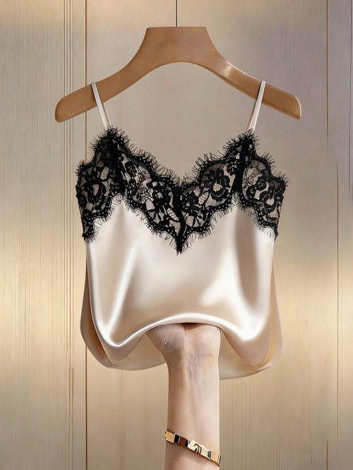 INAWLY Sexy Fitted Lace Patchwork Satin Camisole Top, Summer Beach Vacation Casual Travel Crop Top For Women