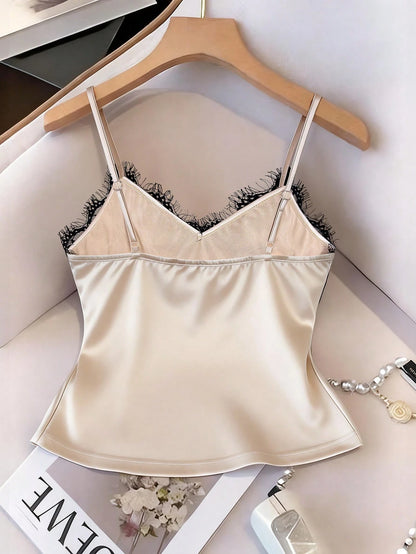 INAWLY Sexy Fitted Lace Patchwork Satin Camisole Top, Summer Beach Vacation Casual Travel Crop Top For Women