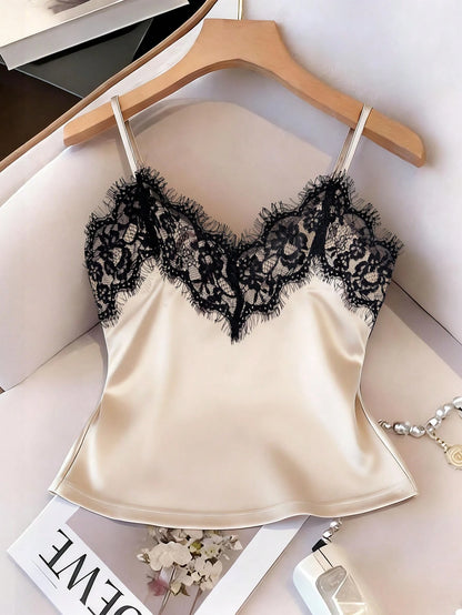 INAWLY Sexy Fitted Lace Patchwork Satin Camisole Top, Summer Beach Vacation Casual Travel Crop Top For Women
