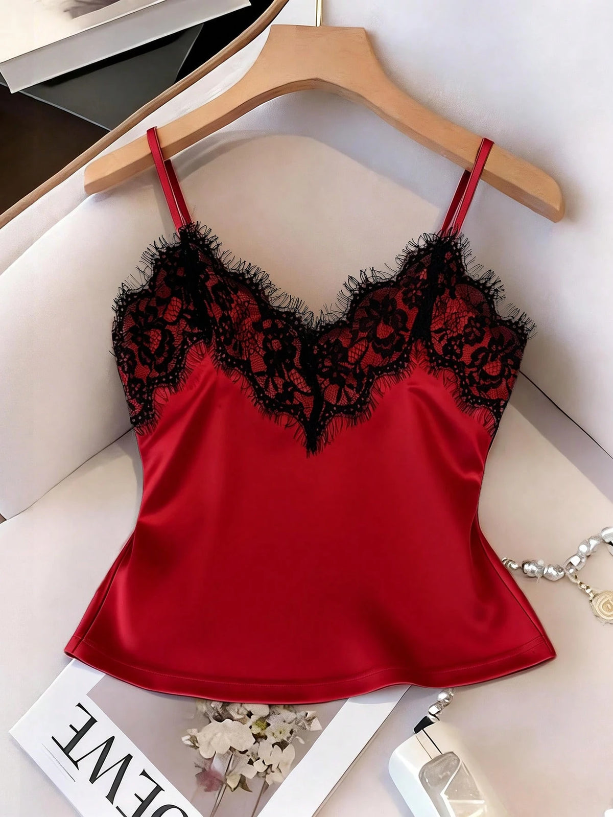 INAWLY Sexy Fitted Lace Patchwork Satin Camisole Top, Summer Beach Vacation Casual Travel Crop Top For Women
