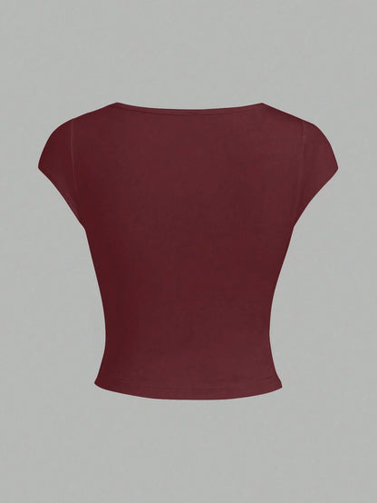 INAWLY Solva Women Deep V Neck Plain Short Sleeve T-Shirt, Casual Summer