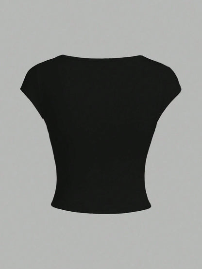 INAWLY Solva Women Deep V Neck Plain Short Sleeve T-Shirt, Casual Summer
