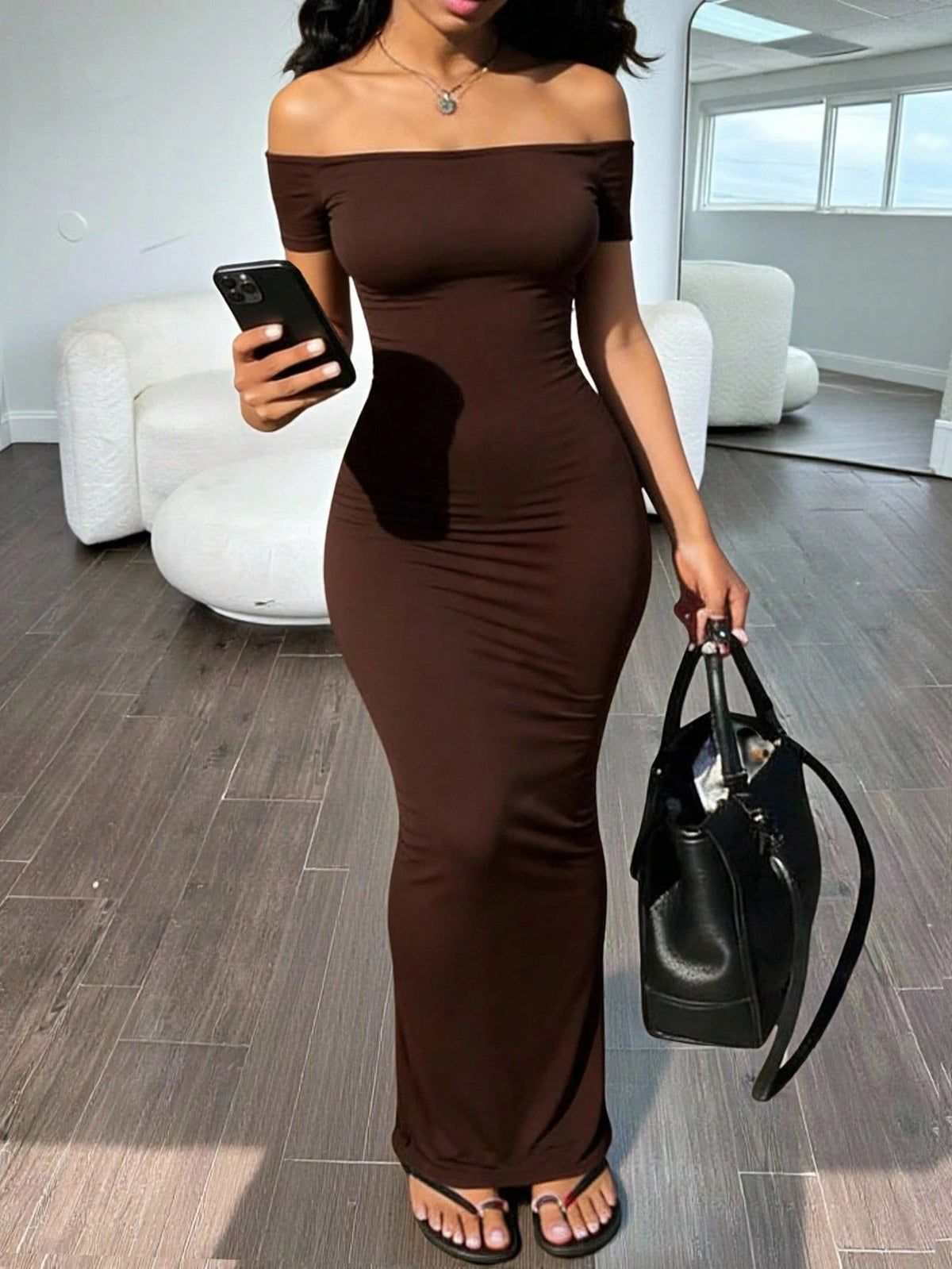 INAWLY Solva Women's Solid Color Off Shoulder Elegant Waist-Cinched Long Dress, Suitable For Party & Outing