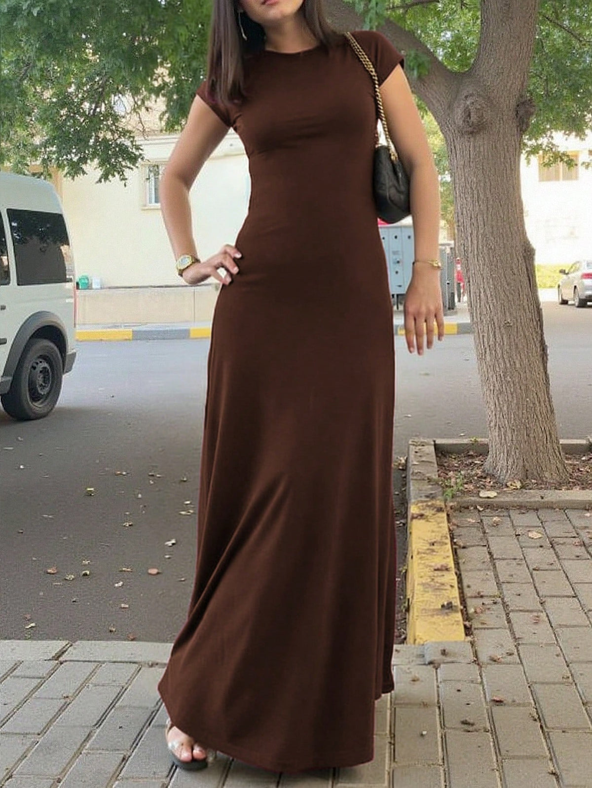 INAWLY Solva Women's Solid Color Round Neck Elegant Waist Cinched Long Party Dress