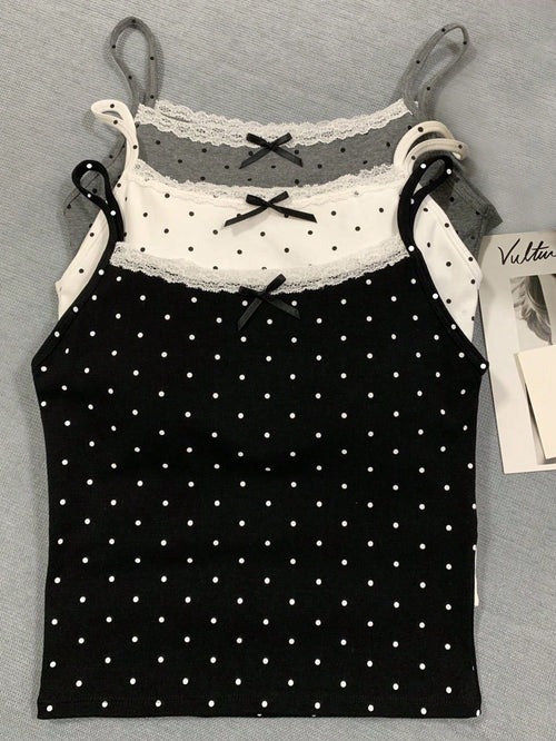INAWLY Summer Casual Polka Dot Print Lace Trim Cami Top