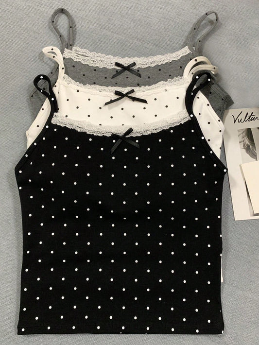 INAWLY Summer Casual Polka Dot Print Lace Trim Cami Top