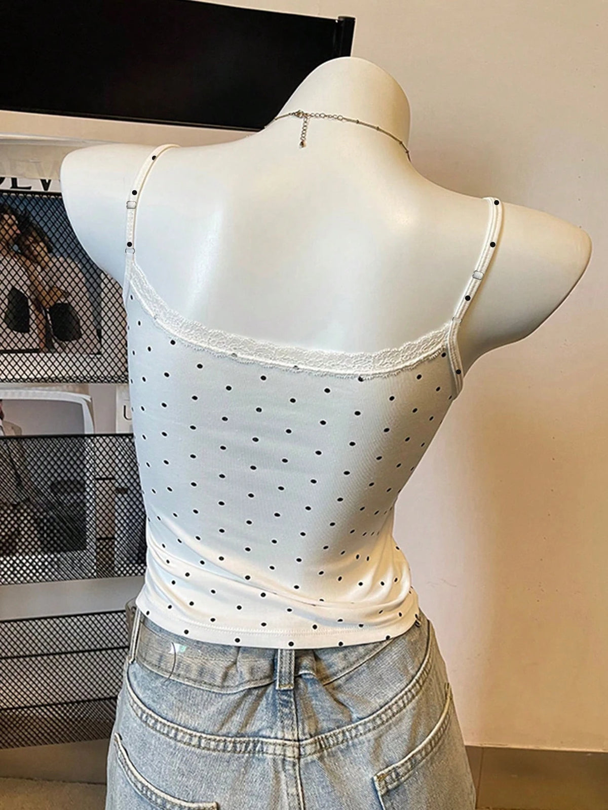 INAWLY Summer Casual Polka Dot Print Lace Trim Cami Top