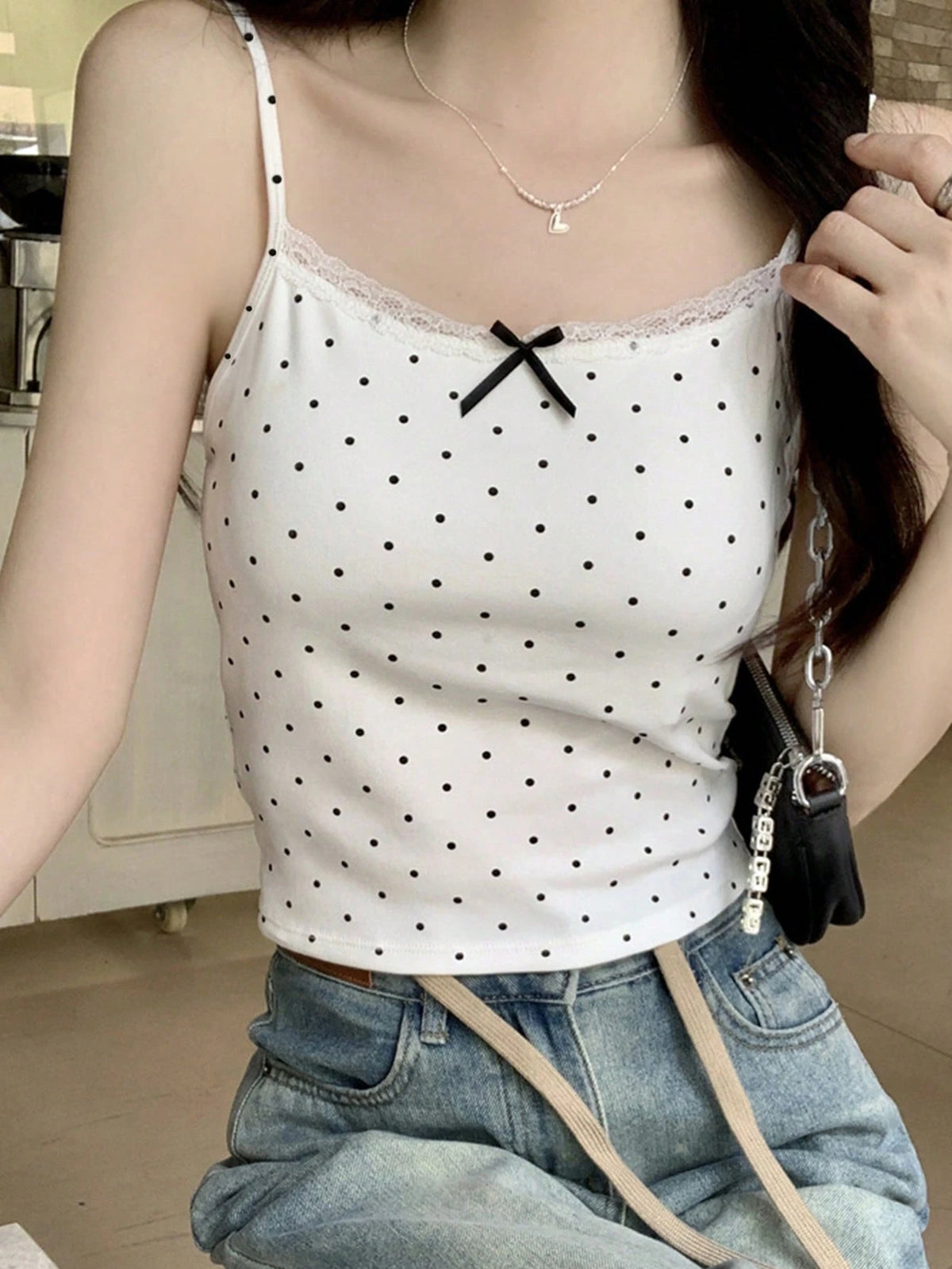 INAWLY Summer Casual Polka Dot Print Lace Trim Cami Top