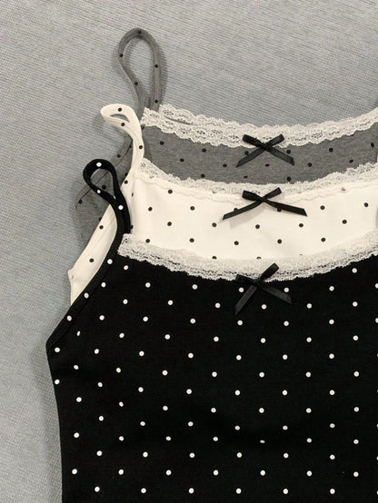 INAWLY Summer Casual Polka Dot Print Lace Trim Cami Top