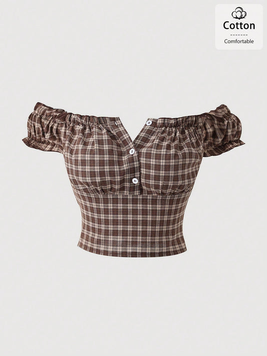 INAWLY Summer New Off-Shoulder Ruffle Classic Sexy Plaid Short Sleeve Ruffle Sleeve Women Blouse Shirt, Suitable For Travel, Date, Vacation, Commute, Party