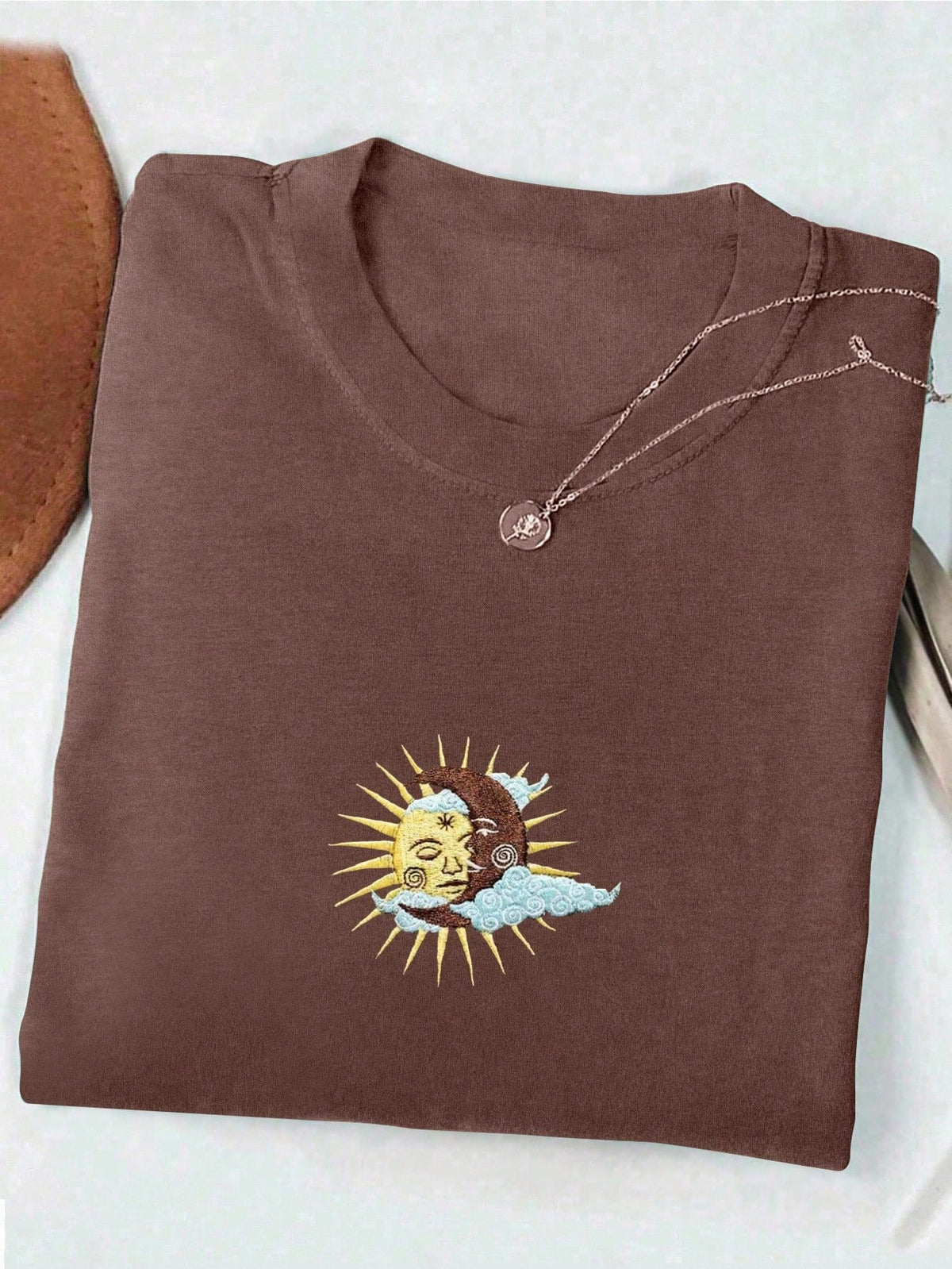 INAWLY Sun And Moon Embroidered T-Shirt, Oversized Vintage Bohemian Moon Design Shirt, Gift For Her/Him