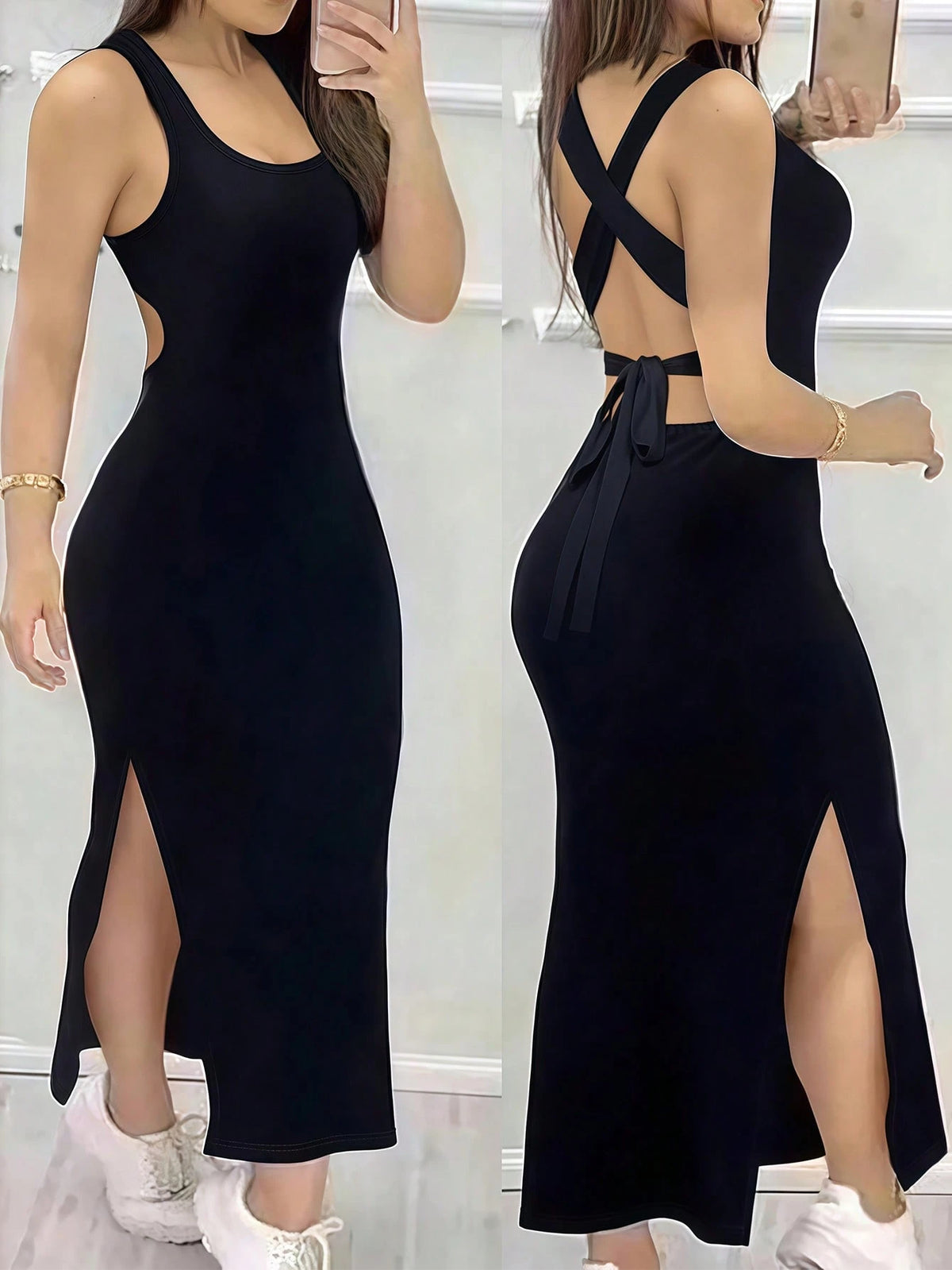 INAWLY Tight Fitted Sexy Low Neck Backless Criss-Cross Strap Slit Dress