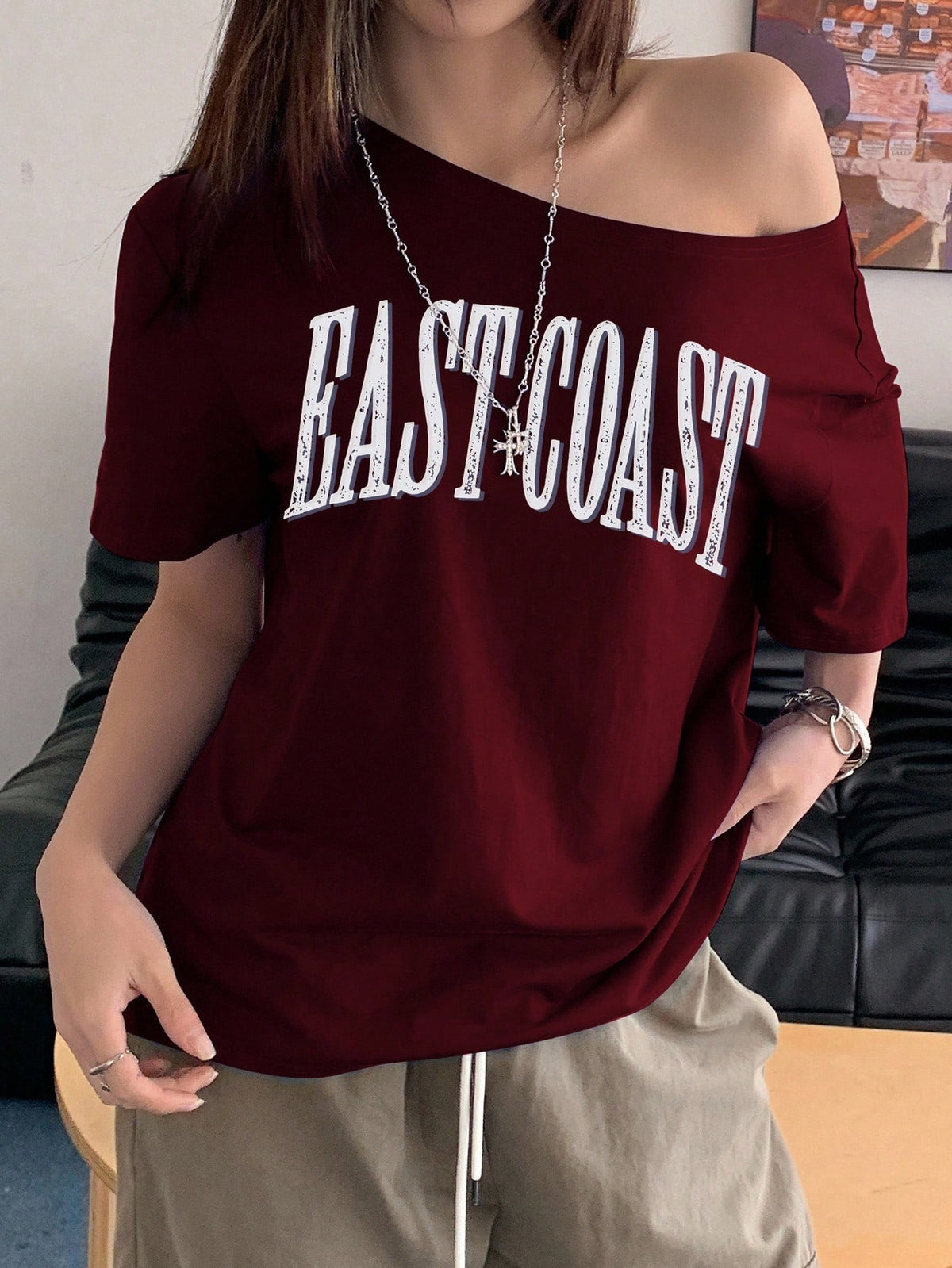 INAWLY Women Letter Print Asymmetric Collar Short Sleeve Loose Casual T-Shirt Graphic Tees Women Tops