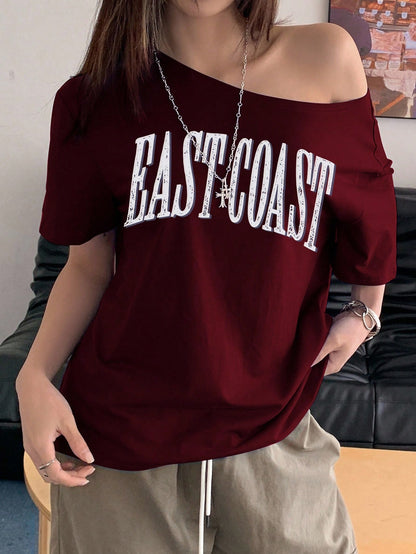 INAWLY Women Letter Print Asymmetric Collar Short Sleeve Loose Casual T-Shirt Graphic Tees Women Tops