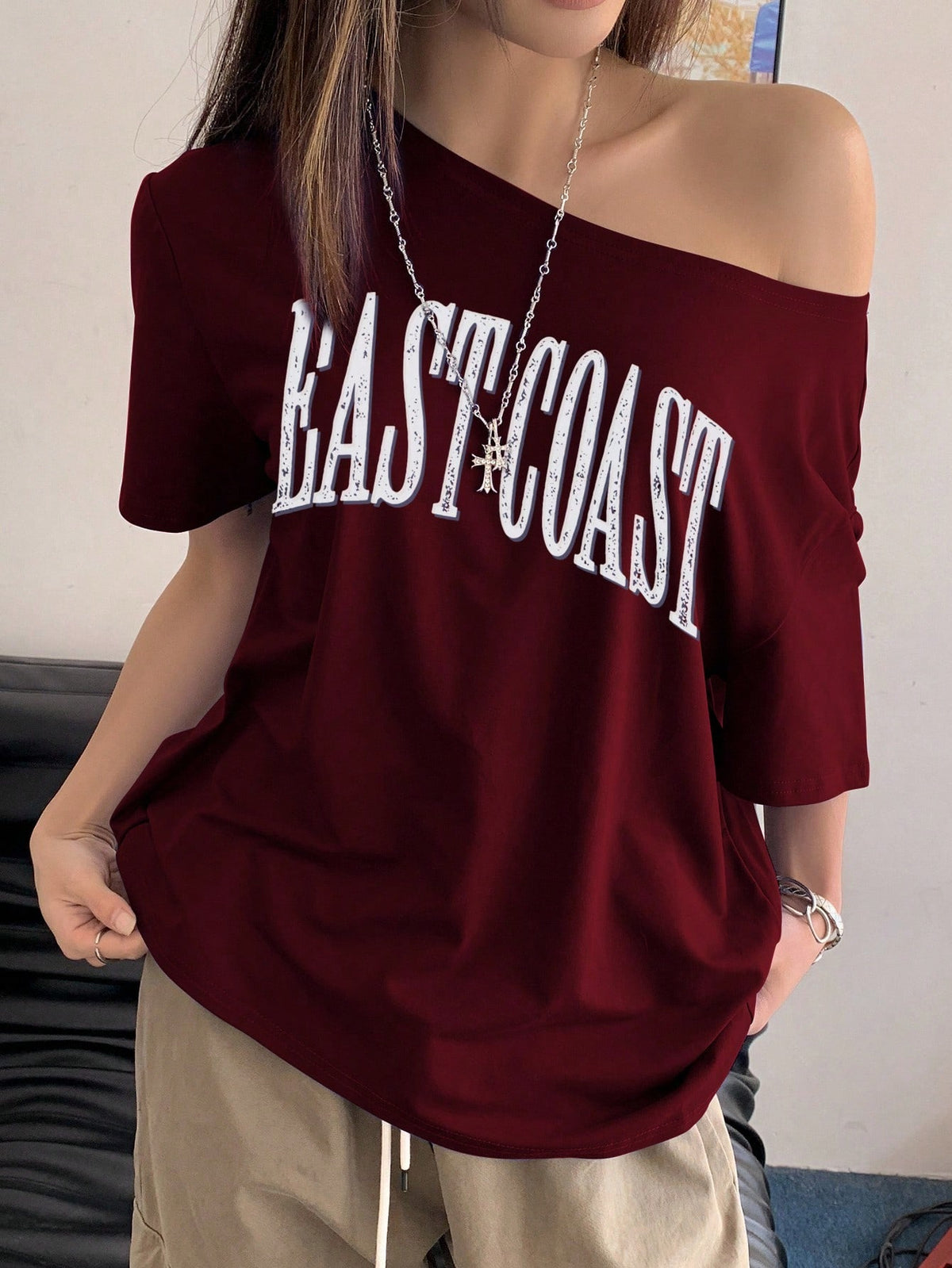 INAWLY Women Letter Print Asymmetric Collar Short Sleeve Loose Casual T-Shirt Graphic Tees Women Tops