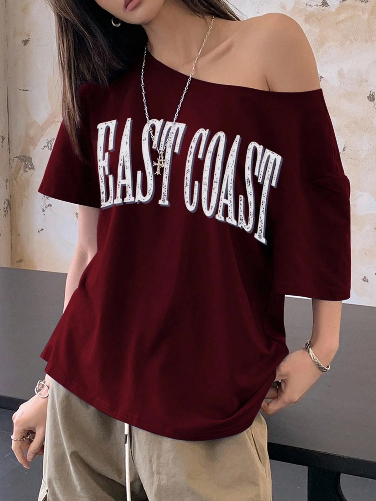 INAWLY Women Letter Print Asymmetric Collar Short Sleeve Loose Casual T-Shirt Graphic Tees Women Tops