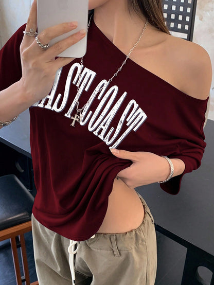 INAWLY Women Letter Print Asymmetric Collar Short Sleeve Loose Casual T-Shirt Graphic Tees Women Tops