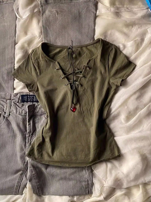 INAWLY Women's Casual Solid Color Tie Front Short Sleeve T-Shirt