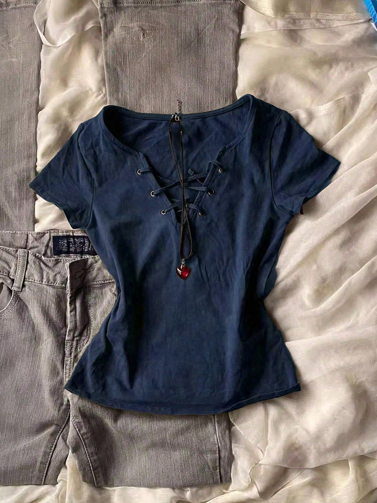 INAWLY Women's Casual Solid Color Tie Front Short Sleeve T-Shirt