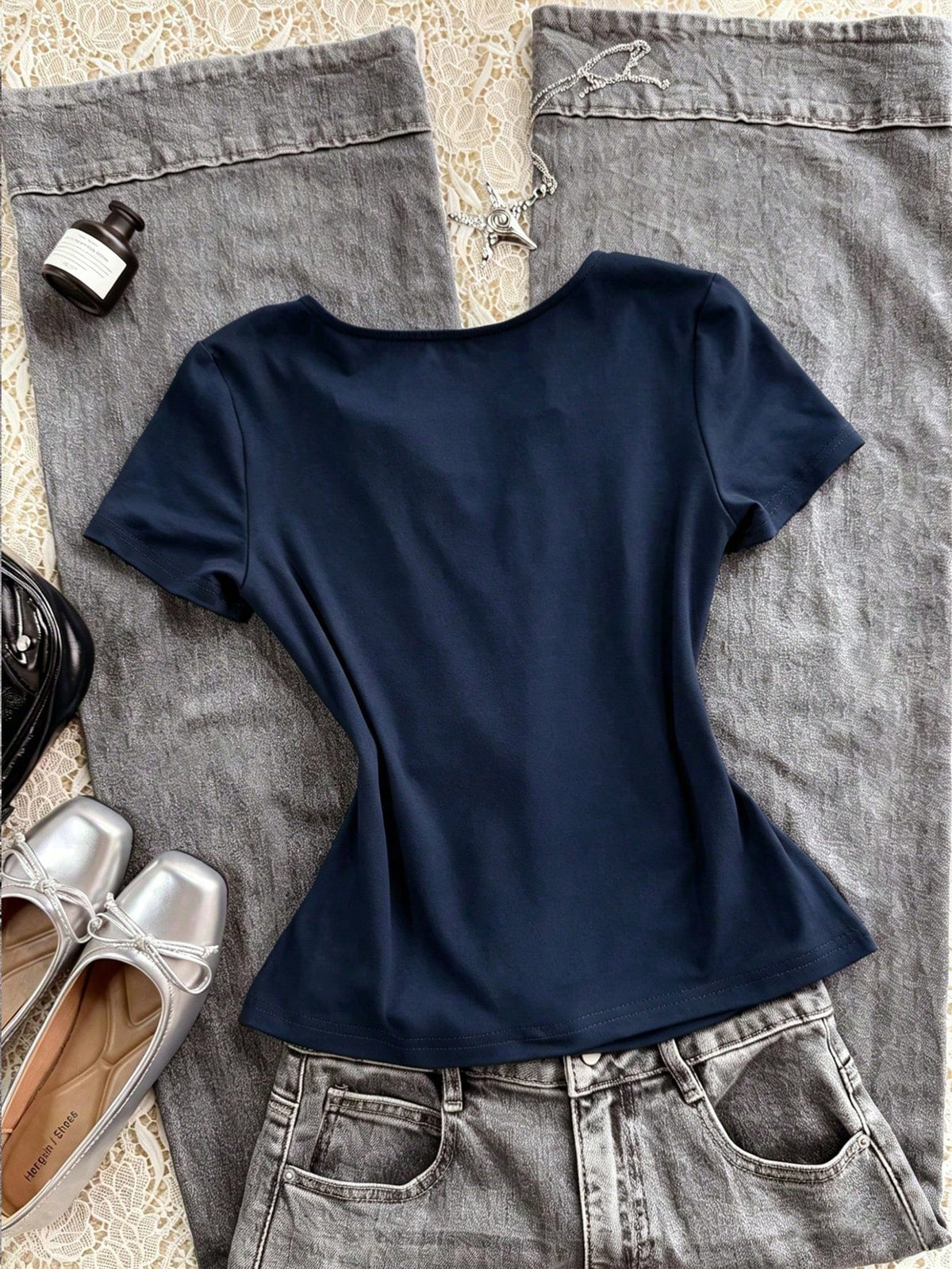 INAWLY Women's Casual Solid Color Tie Front Short Sleeve T-Shirt