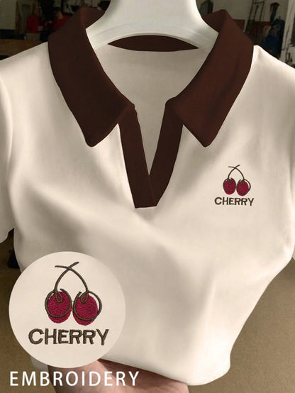 INAWLY Women's Letter & Cherry Print Contrast Color Polo Collar Short Sleeve Casual T-Shirt