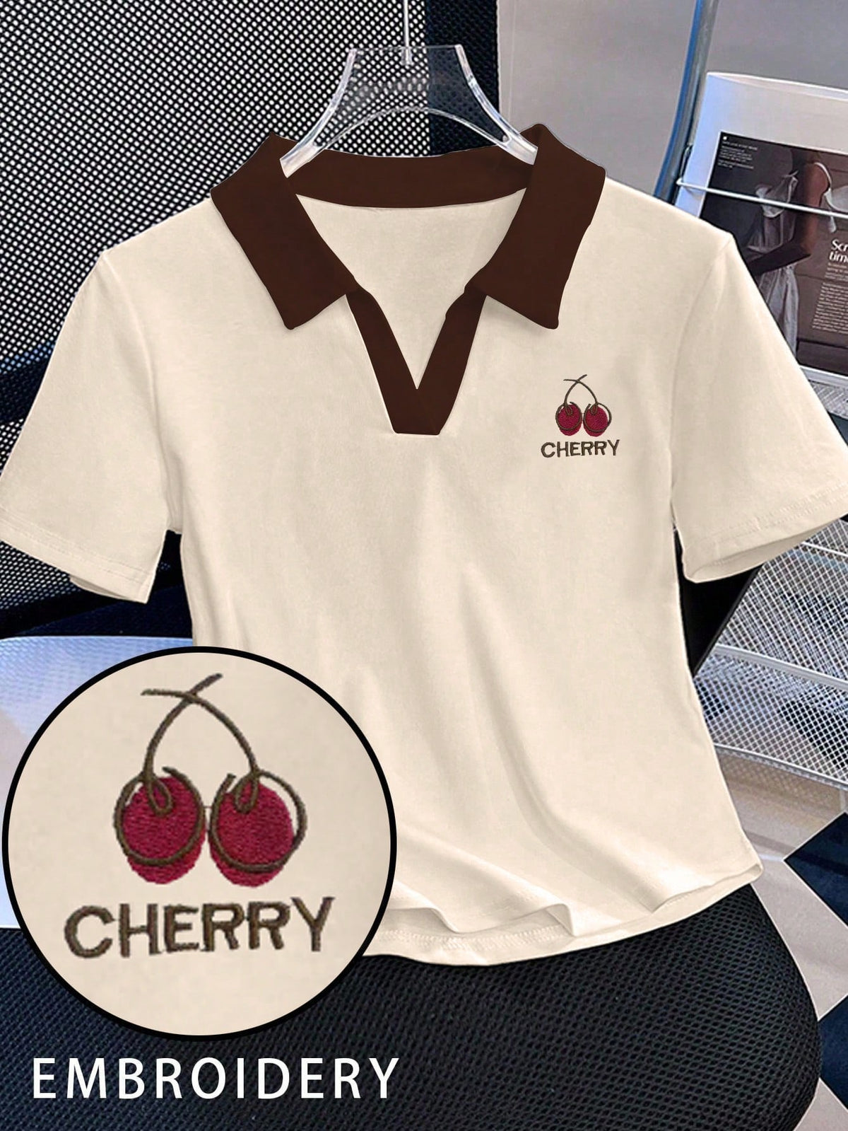 INAWLY Women's Letter & Cherry Print Contrast Color Polo Collar Short Sleeve Casual T-Shirt