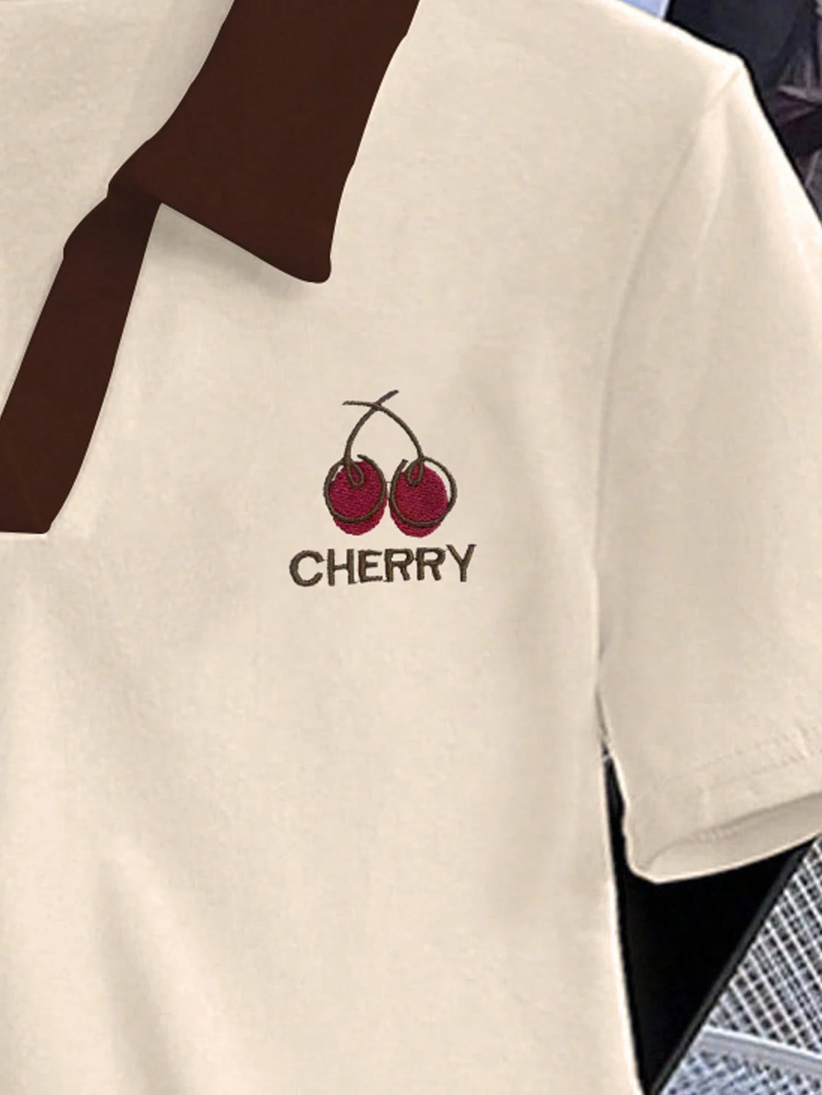 INAWLY Women's Letter & Cherry Print Contrast Color Polo Collar Short Sleeve Casual T-Shirt