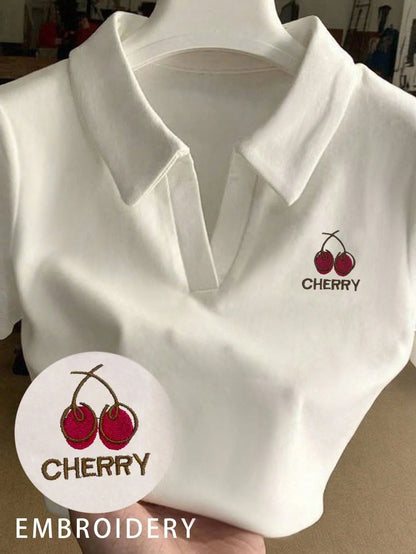 INAWLY Women's Letter & Cherry Print Contrast Color Polo Collar Short Sleeve Casual T-Shirt