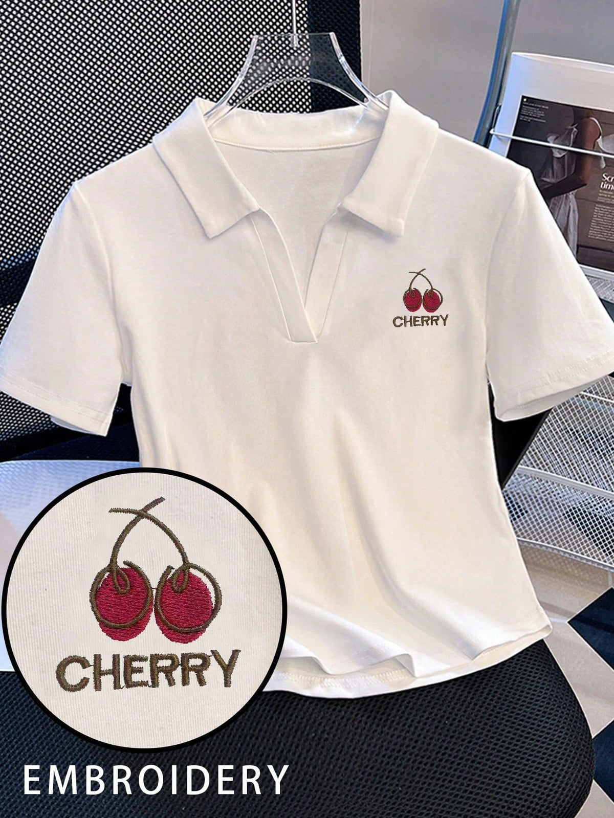 INAWLY Women's Letter & Cherry Print Contrast Color Polo Collar Short Sleeve Casual T-Shirt