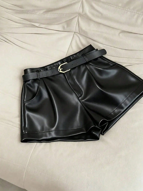INAWLY Women's Pocket PU Leather Fashionable Versatile Commuting Party Shorts