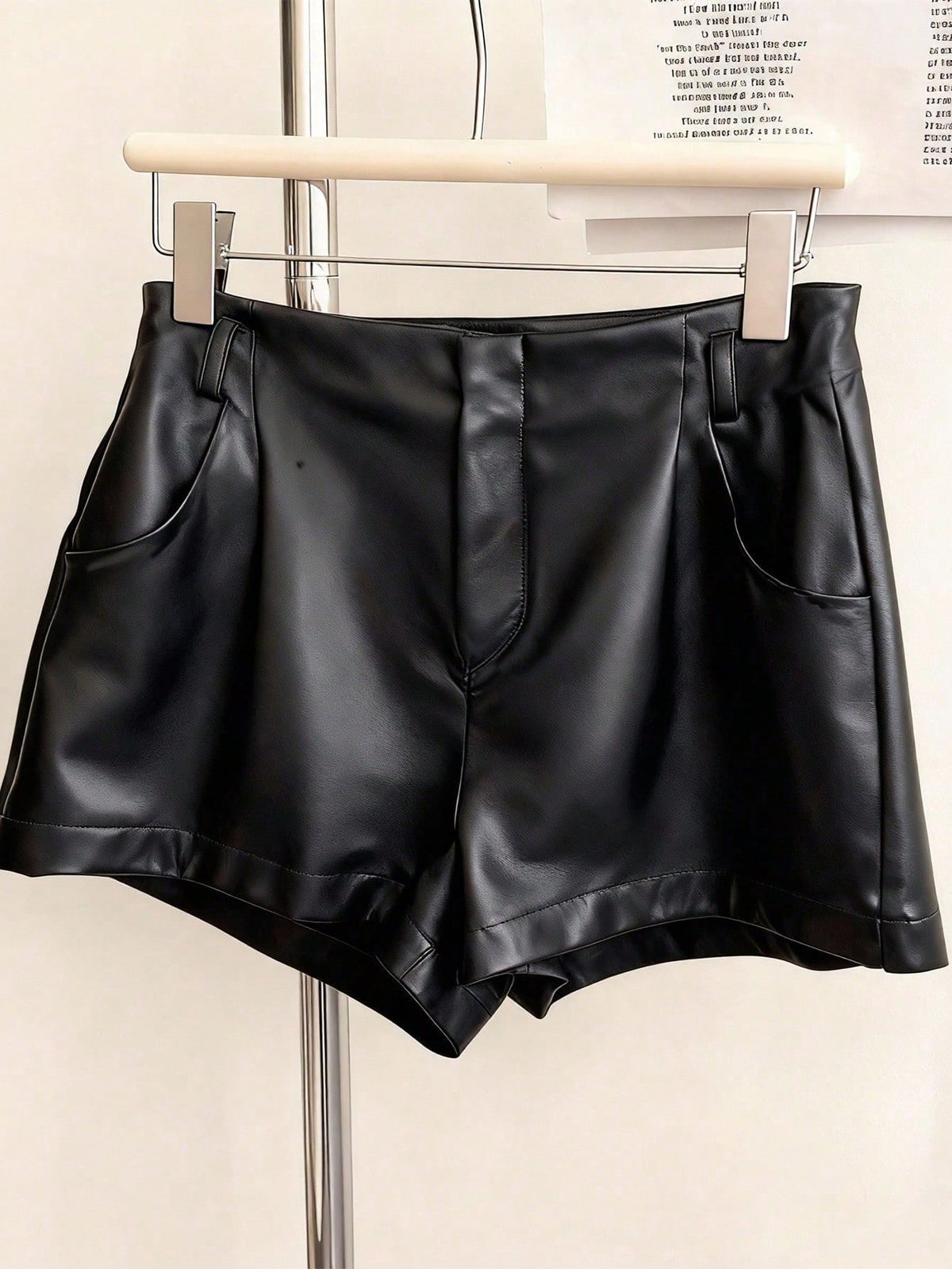 INAWLY Women's Pocket PU Leather Fashionable Versatile Commuting Party Shorts