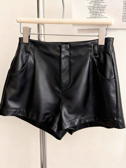 INAWLY Women's Pocket PU Leather Fashionable Versatile Commuting Party Shorts