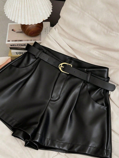 INAWLY Women's Pocket PU Leather Fashionable Versatile Commuting Party Shorts