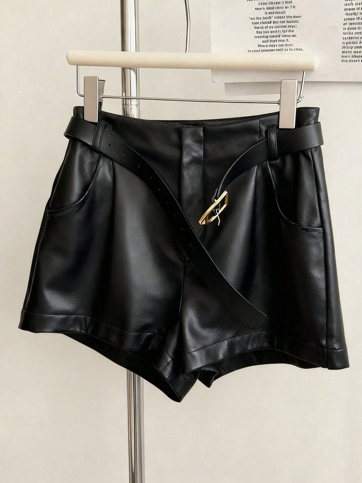 INAWLY Women's Pocket PU Leather Fashionable Versatile Commuting Party Shorts