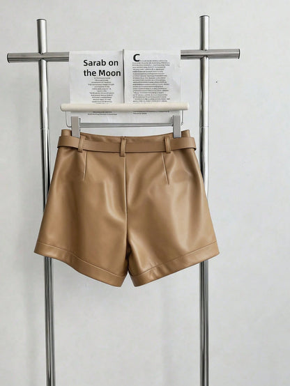 INAWLY Women's Pocket PU Leather Fashionable Versatile Commuting Party Shorts