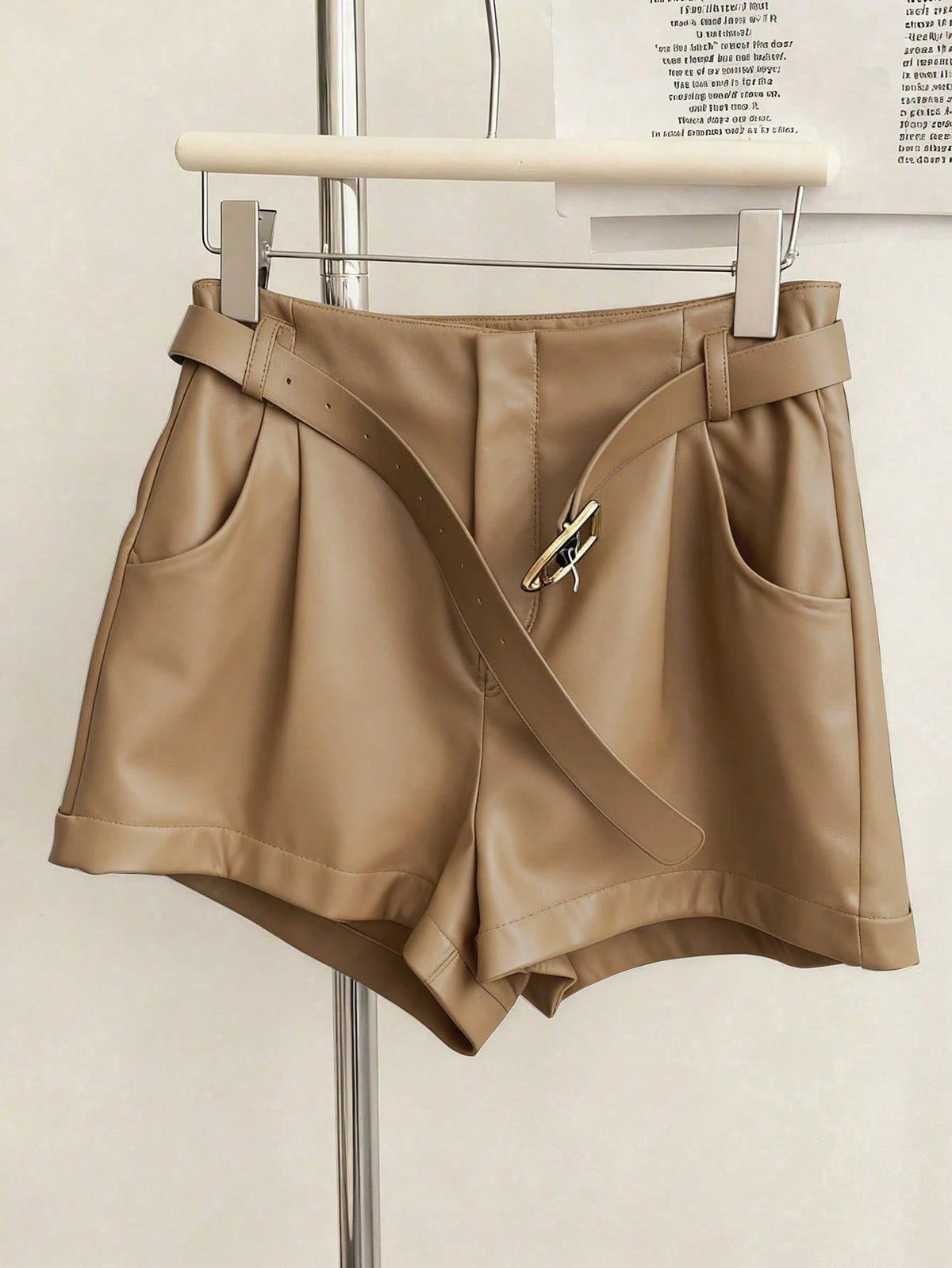 INAWLY Women's Pocket PU Leather Fashionable Versatile Commuting Party Shorts