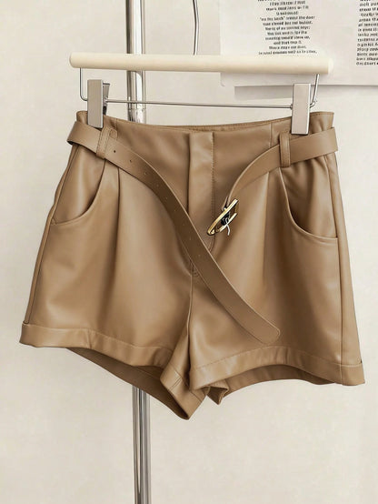 INAWLY Women's Pocket PU Leather Fashionable Versatile Commuting Party Shorts