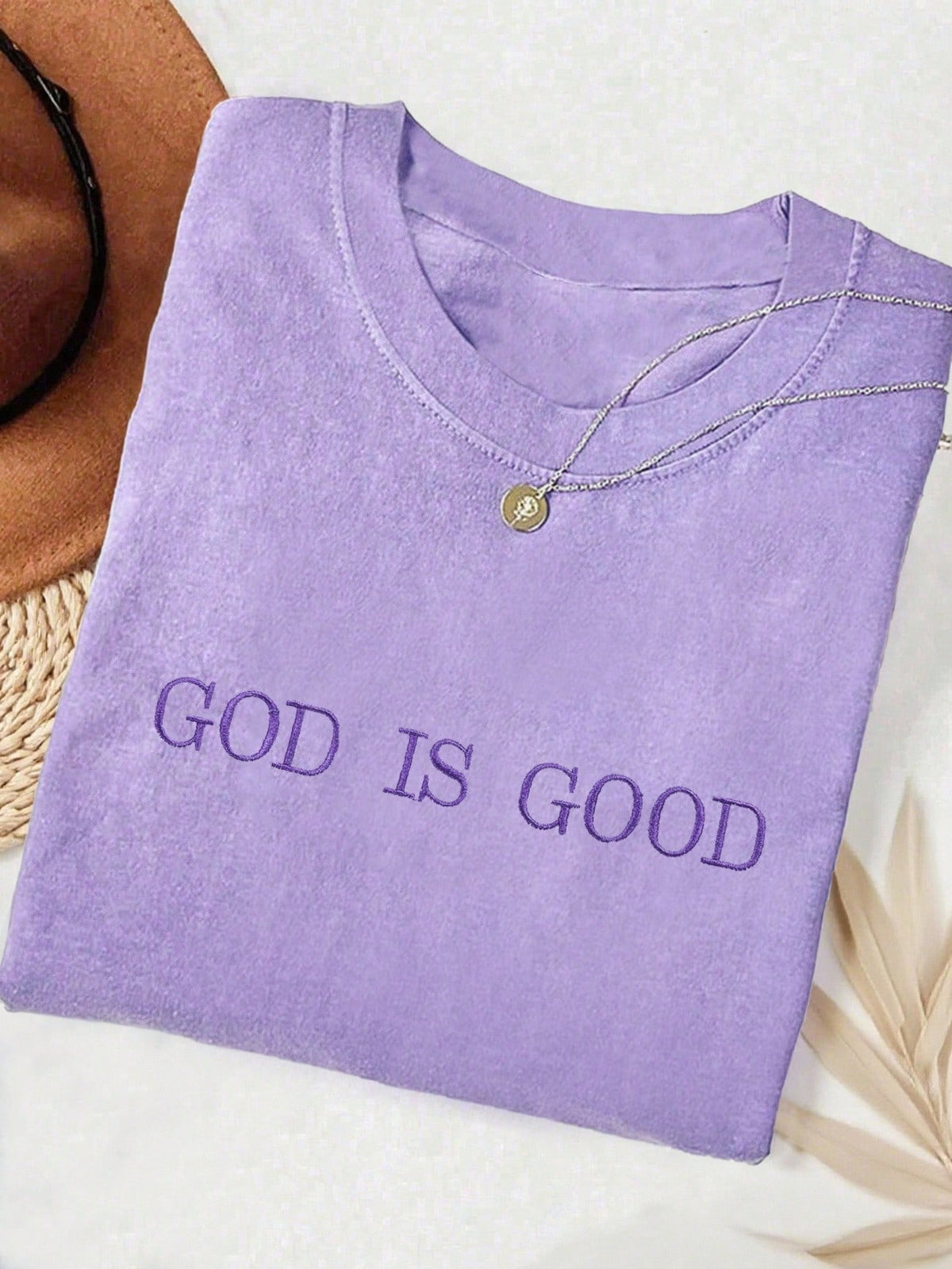 INAWLY Women's Purple Embroidered T-Shirt ""God Is Good"" Christian Faith Comfortable Round Neck Shirt,Summer Casual Occasion Church Group Gift Shirt
