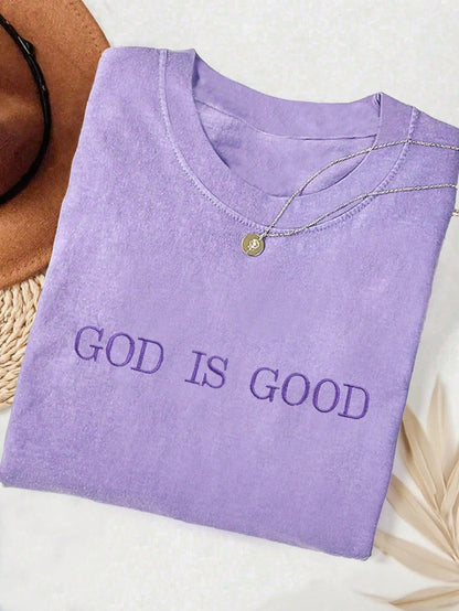INAWLY Women's Purple Embroidered T-Shirt ""God Is Good"" Christian Faith Comfortable Round Neck Shirt,Summer Casual Occasion Church Group Gift Shirt