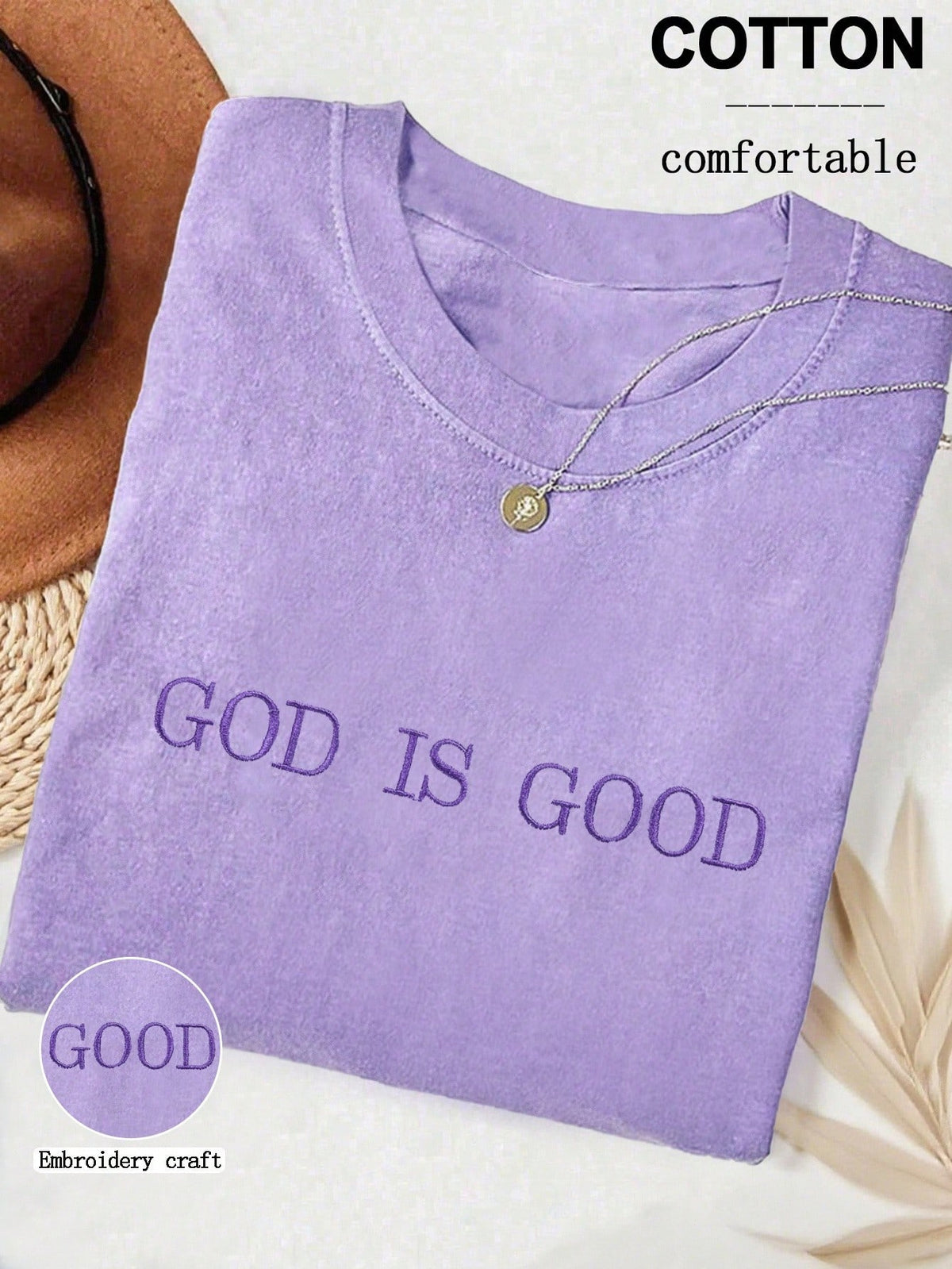 INAWLY Women's Purple Embroidered T-Shirt ""God Is Good"" Christian Faith Comfortable Round Neck Shirt,Summer Casual Occasion Church Group Gift Shirt