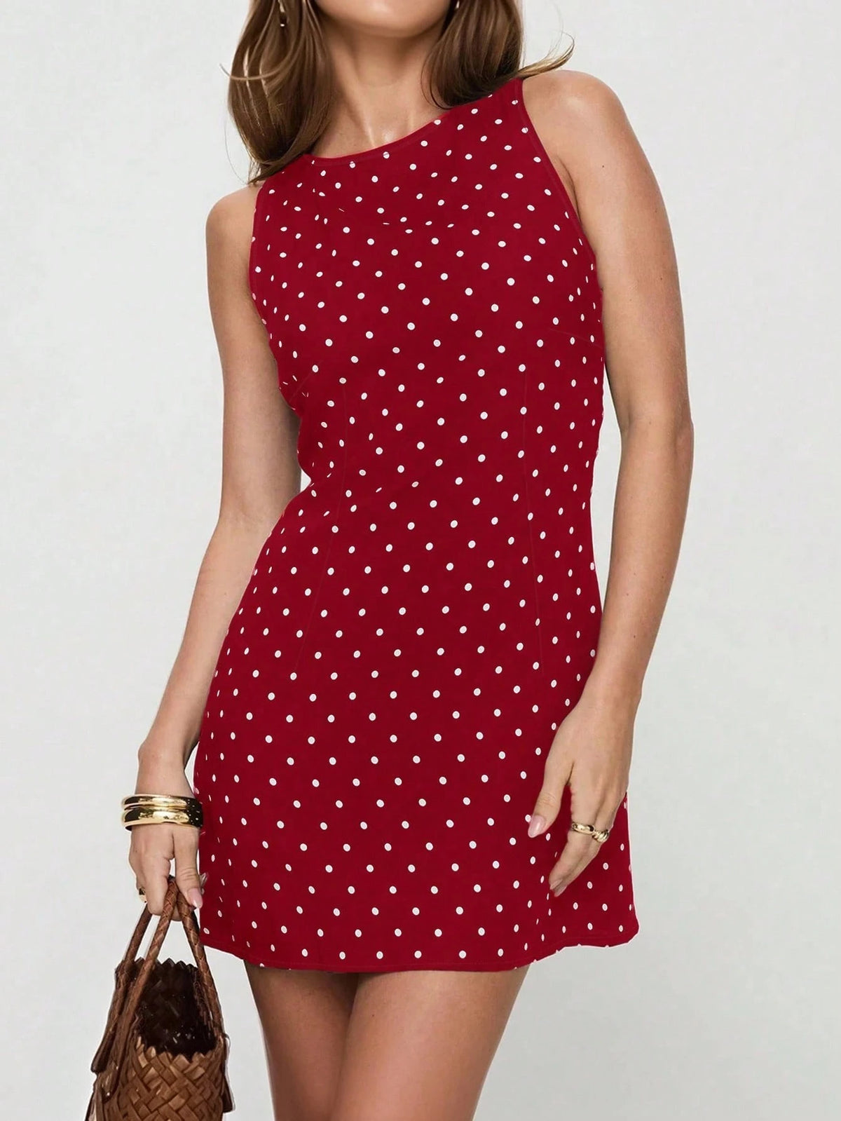 INAWLY Women's Round Neck Sleeveless Back Tie Allover Allover Polka Dot Print Casual Mini Dress