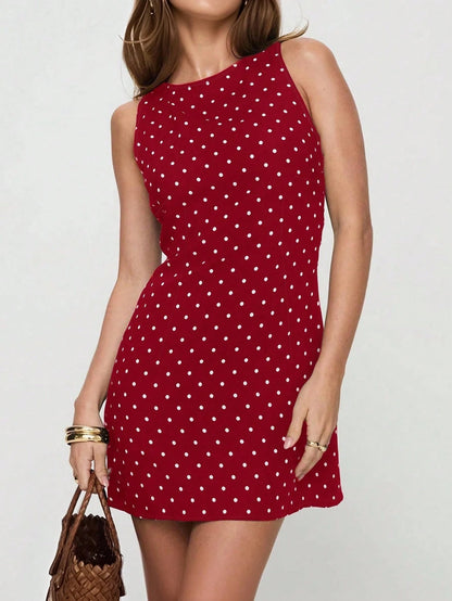 INAWLY Women's Round Neck Sleeveless Back Tie Allover Allover Polka Dot Print Casual Mini Dress
