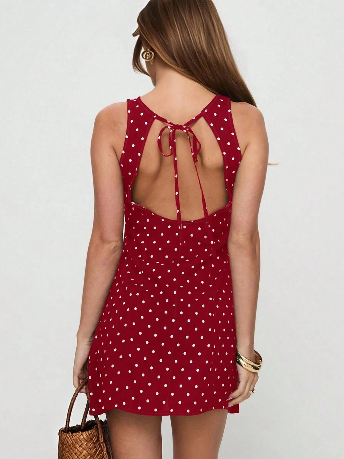 INAWLY Women's Round Neck Sleeveless Back Tie Allover Allover Polka Dot Print Casual Mini Dress