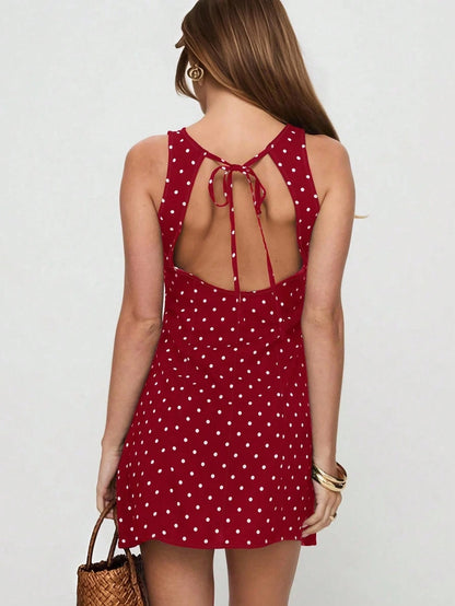 INAWLY Women's Round Neck Sleeveless Back Tie Allover Allover Polka Dot Print Casual Mini Dress