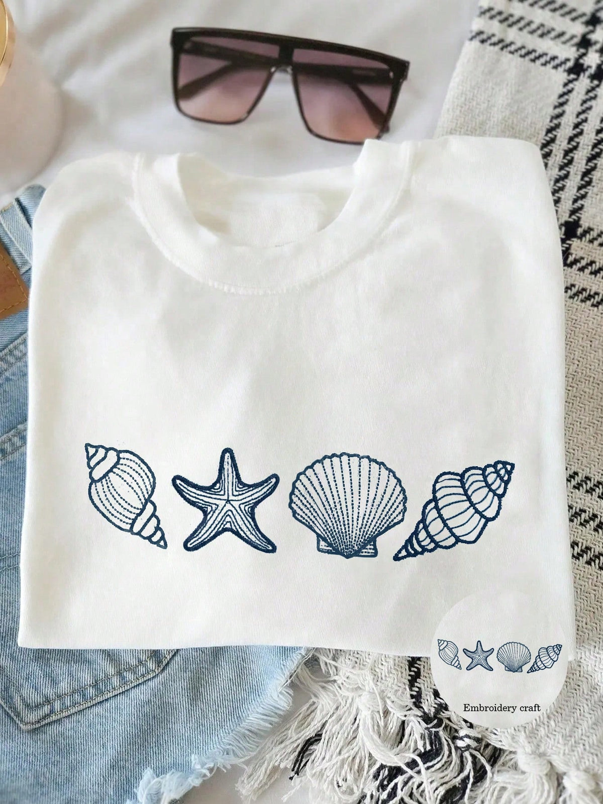 INAWLY Women's Shell Print Casual Round Neck Short Sleeve T-Shirt, Summer