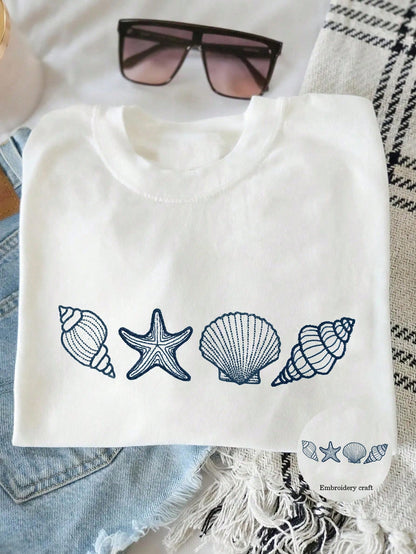 INAWLY Women's Shell Print Casual Round Neck Short Sleeve T-Shirt, Summer