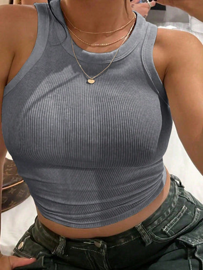 INAWLY Women's Solid Color Crew Neck Ribbed Casual Slim Fit Tank Top