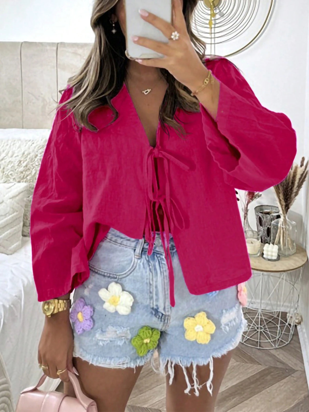 INAWLY Women's Solid Color Front Tie Long Sleeve Casual Blouse Women Shirt